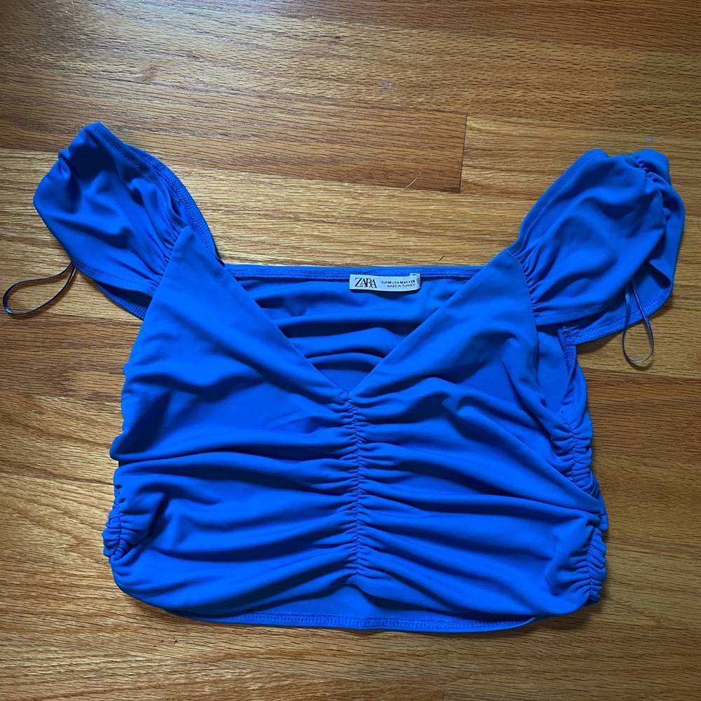 Zara Blue Cap Sleeve Ruched Crop Blouse